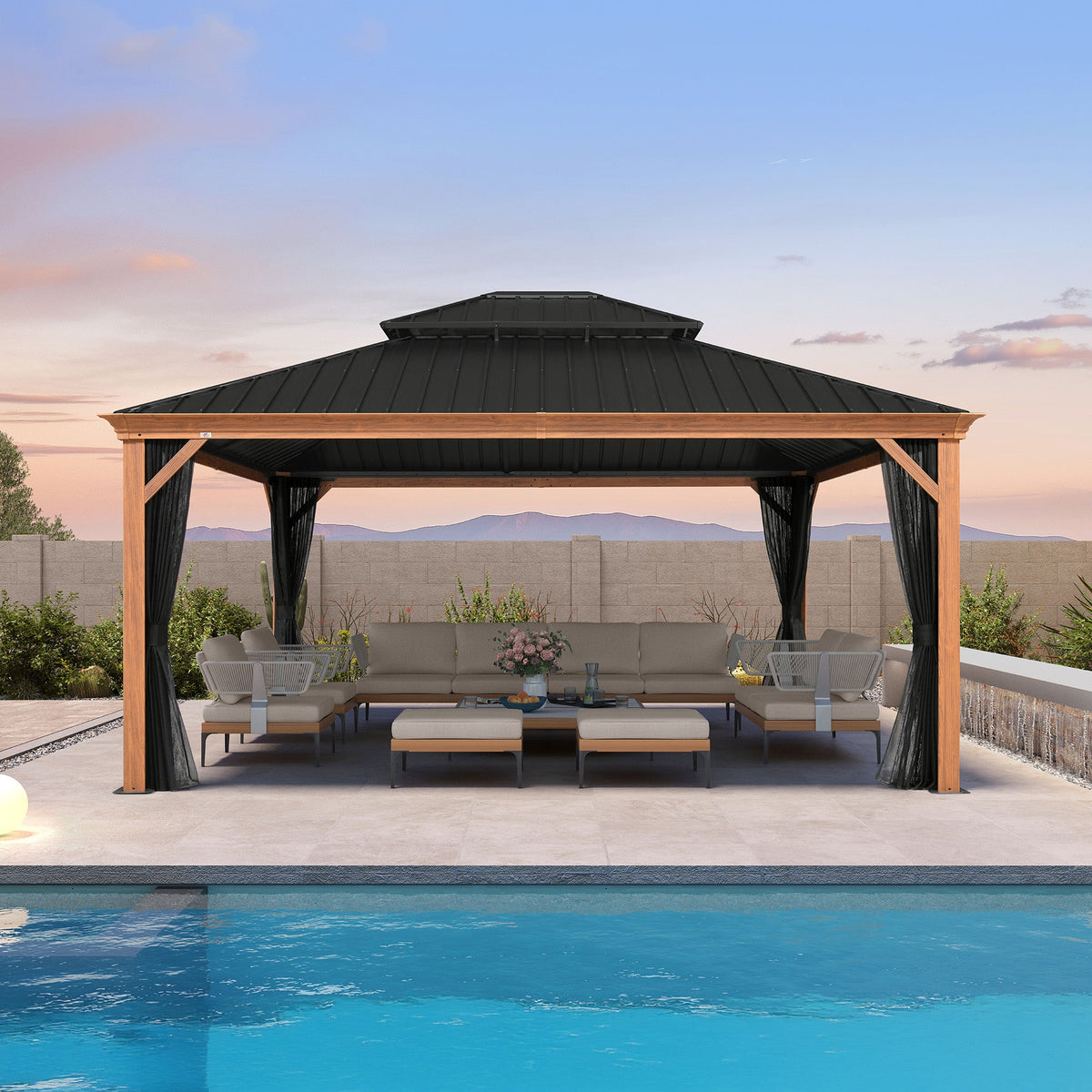 PURPLE LEAF Hardtop Gazebo for Patio Wood Grain Aluminum Frame Awning with Netting