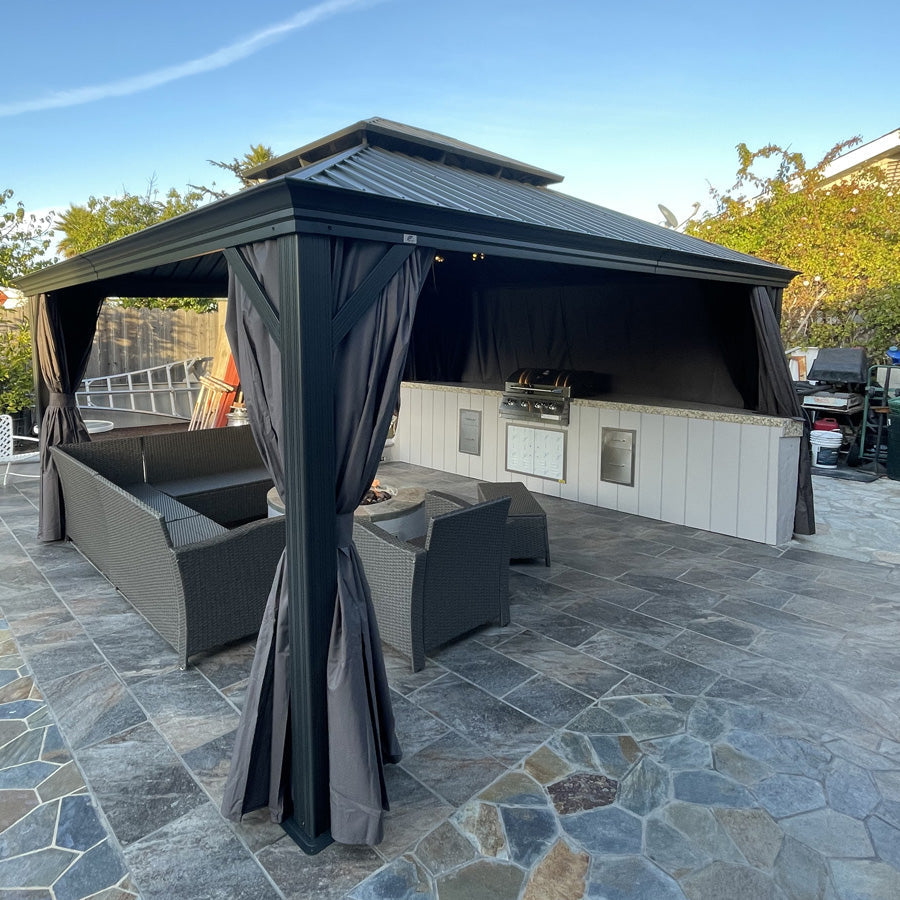 PURPLE LEAF Patio Gazebo for Backyard Grey Hardtop Galvanized Steel Roof Awning String Lights-milky