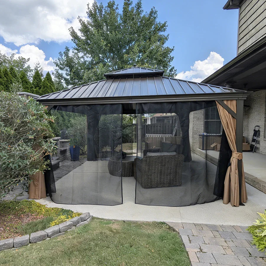 PURPLE LEAF Outdoor Hardtop Gazebo for Garden Bronze Double Roof Aluminum Frame Pavilion with String Lights-milky