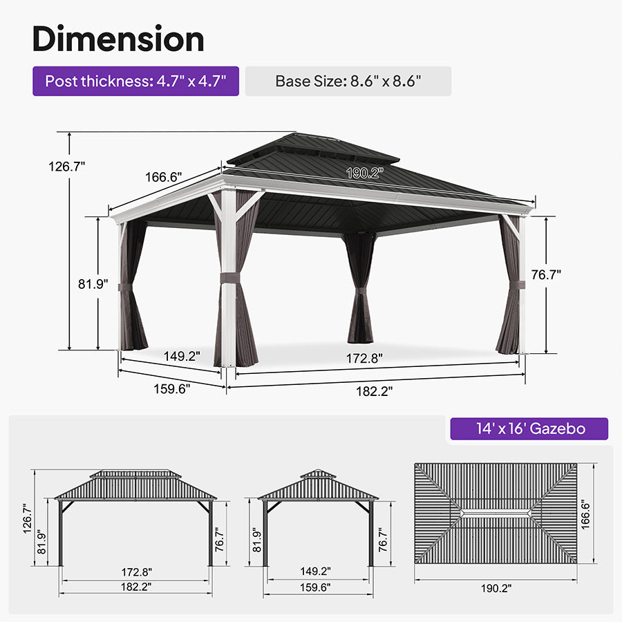 PURPLE LEAF White Gazebo for Modern Patio Double Galvanized Steel Roof Awning and Upgrade Curtain with Lights-clear