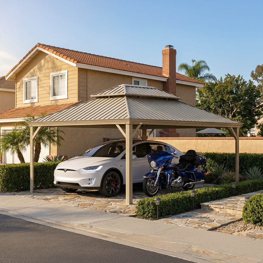 PURPLE LEAF Outdoor Carport Gazebo Champagne Steel Roof Aluminum Frame Shelter for Parking