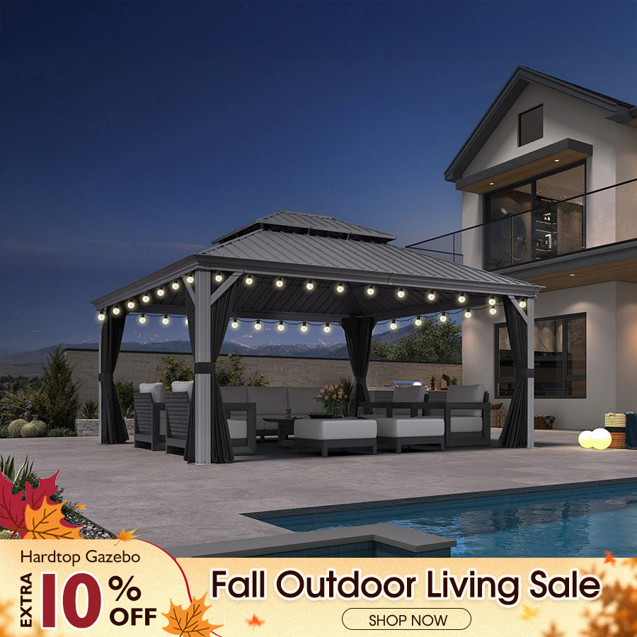 PURPLE LEAF Patio Gazebo for Pool Light Grey Hardtop Galvanized Steel Roof with String Lights-clear