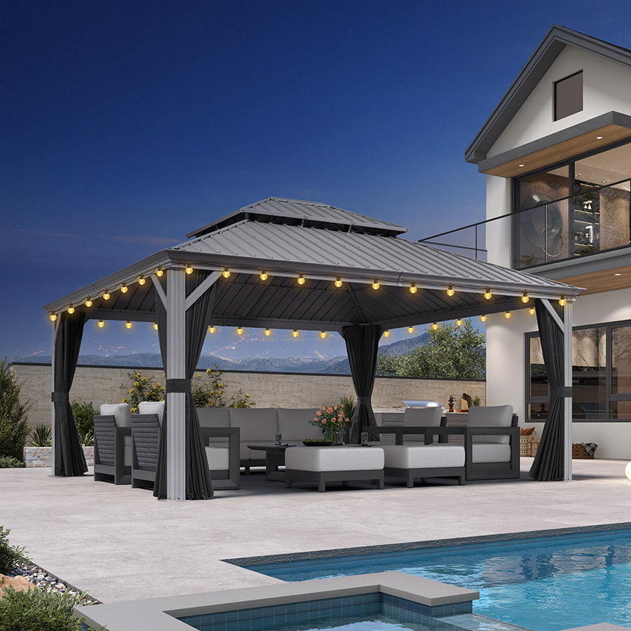 PURPLE LEAF Patio Gazebo for Pool Light Grey Hardtop Galvanized Steel Roof with String Lights-clear