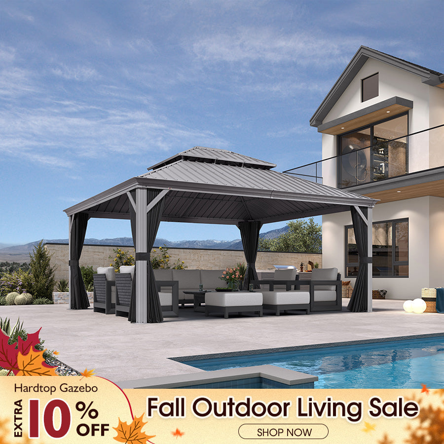 PURPLE LEAF Patio Gazebo for Pool Light Grey Hardtop Galvanized Steel Roof with Upgraded Curtains