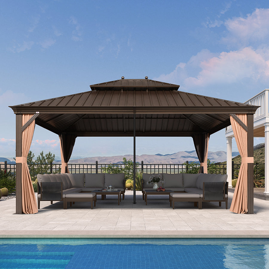 PURPLE LEAF Outdoor Hardtop Gazebo for Garden Bronze Double Roof Aluminum Frame Pavilion with Reinforcement Support Rod