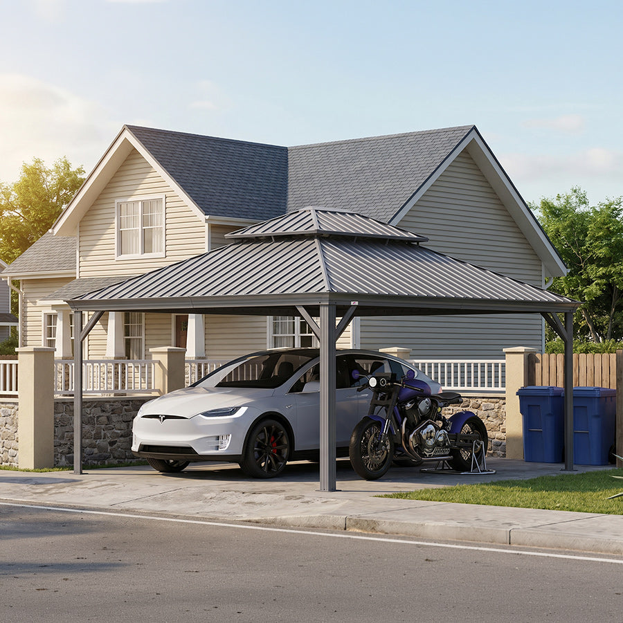 PURPLE LEAF Light Grey Metal Carport with Galvanized Steel Roof Heavy Duty Permanent Outdoor Car Shelter