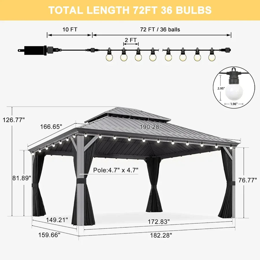 PURPLE LEAF Patio Gazebo for Pool Light Grey Hardtop Galvanized Steel Roof with String Lights-milky