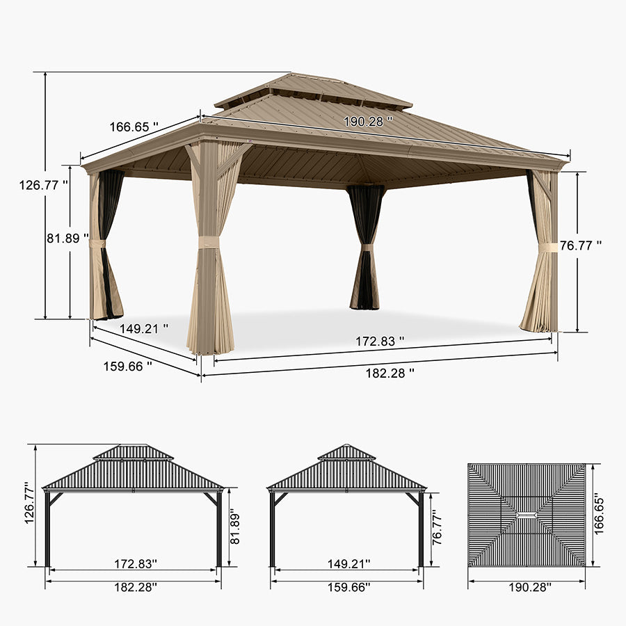 PURPLE LEAF Backyard Gazebo Champagne Hardtop Galvanized Steel Roof Awning and Upgrade Curtain with Lights-clear