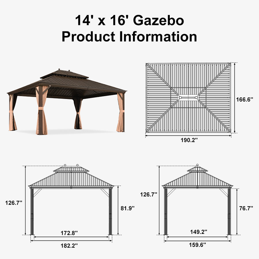 PURPLE LEAF Outdoor Hardtop Gazebo for Garden Bronze Double Roof Aluminum Frame Pavilion with String Lights-milky