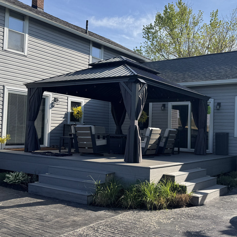 PURPLE LEAF Patio Gazebo for Backyard Grey Hardtop Galvanized Steel Roof Awning String Lights-milky