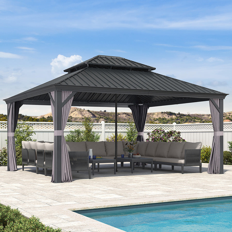PURPLE LEAF Patio Gazebo for Backyard Grey Hardtop Galvanized Steel Roof Awning with Reinforcement Support Rod
