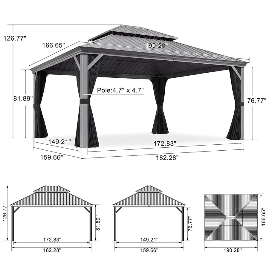 PURPLE LEAF Patio Gazebo for Pool Light Grey Hardtop Galvanized Steel Roof with Upgraded Curtains