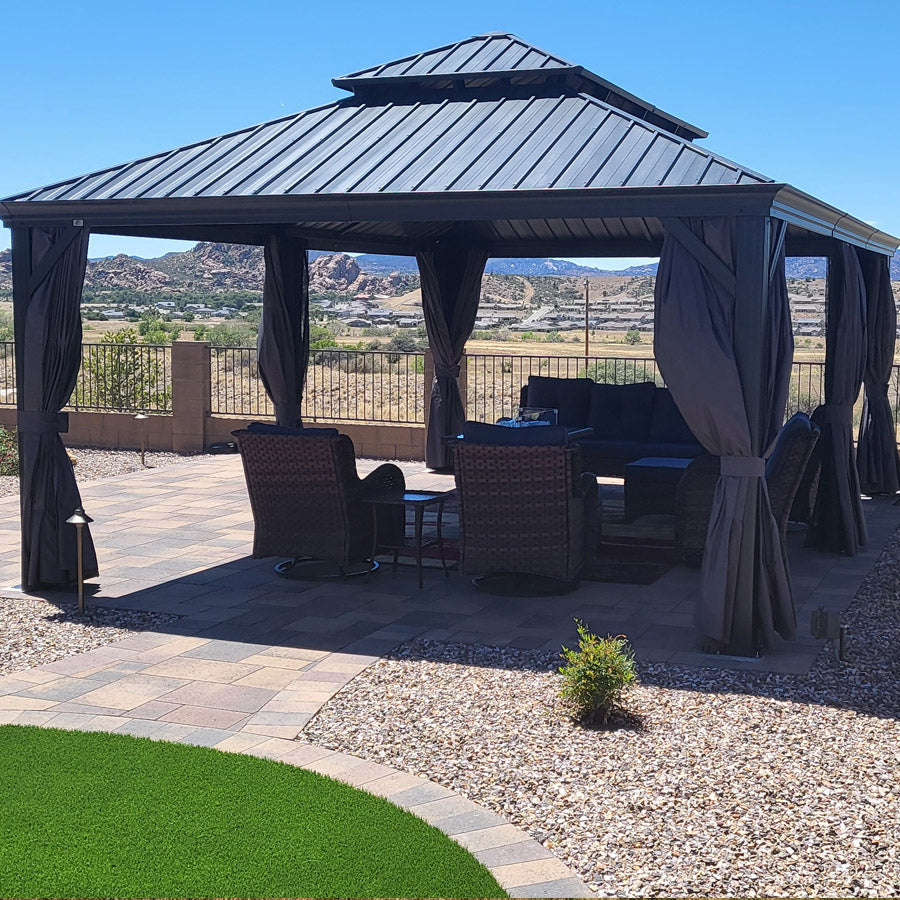 PURPLE LEAF Patio Gazebo for Backyard Grey Hardtop Galvanized Steel Roof Awning with Upgrade Curtain