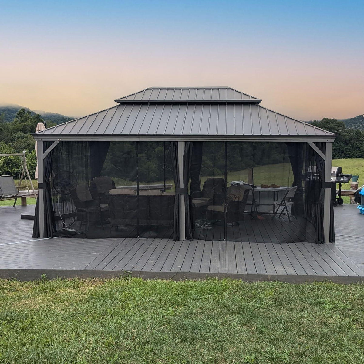 PURPLE LEAF Patio Gazebo for Pool Light Grey Hardtop Galvanized Steel Roof with String Lights-clear