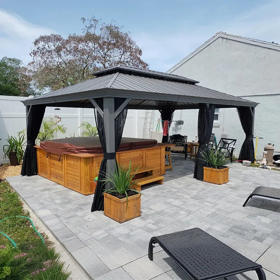 PURPLE LEAF Patio Gazebo for Pool Light Grey Hardtop Galvanized Steel Roof with Reinforcement Support Rod