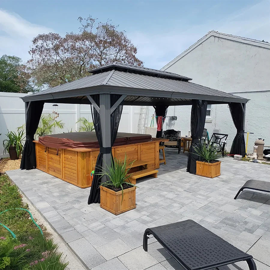 PURPLE LEAF Patio Gazebo for Pool Light Grey Hardtop Galvanized Steel Roof with Upgraded Curtains