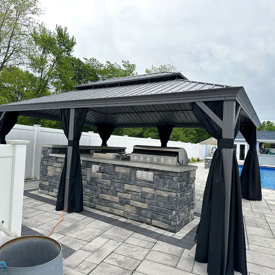 PURPLE LEAF Patio Gazebo for Pool Light Grey Hardtop Galvanized Steel Roof with Reinforcement Support Rod