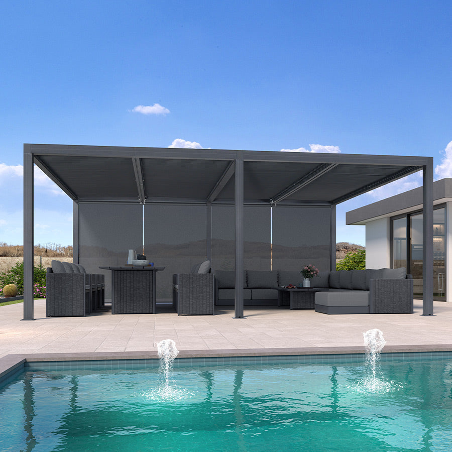 PURPLE LEAF Athena Louvered Pergola Grey Outdoor Aluminum Pergola with Solid Color Roller Blind Adjustable Gazebo for Patio Deck Garden