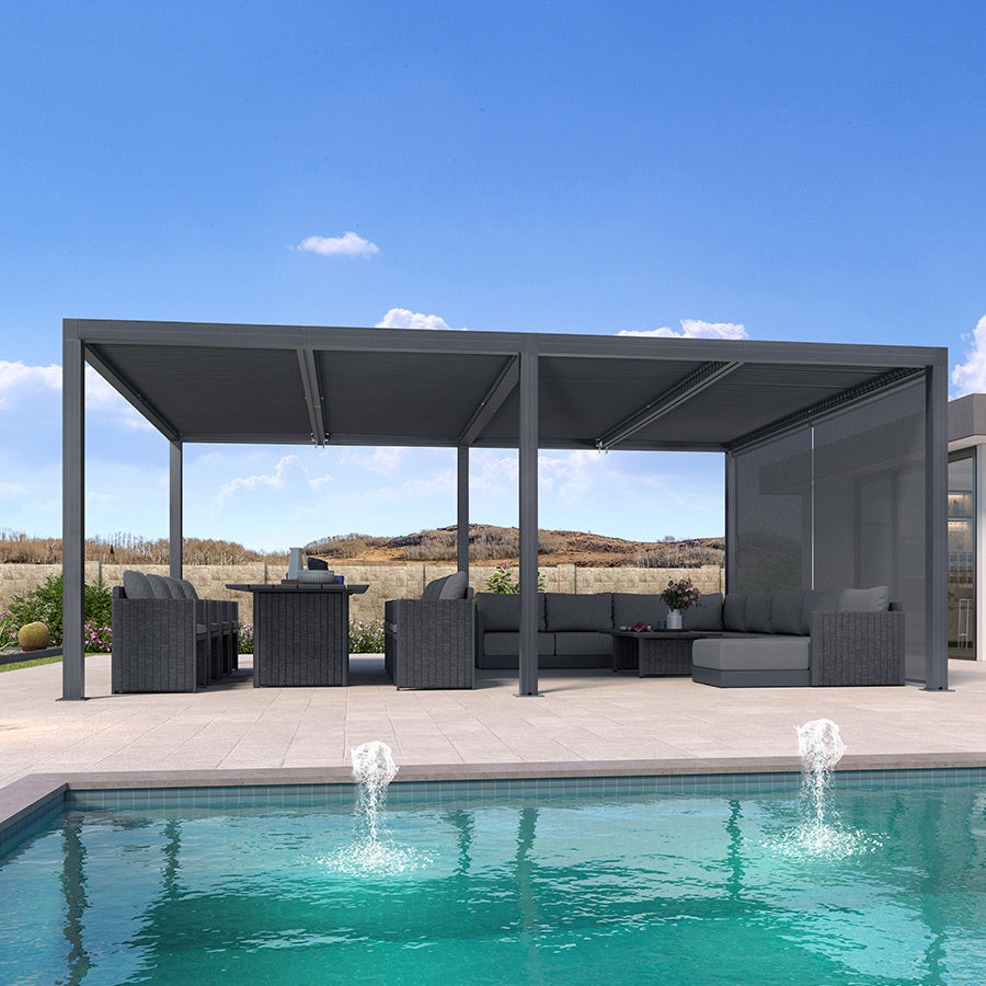 PURPLE LEAF Athena Louvered Pergola Grey Outdoor Aluminum Pergola with Solid Color Roller Blind Adjustable Gazebo for Patio Deck Garden