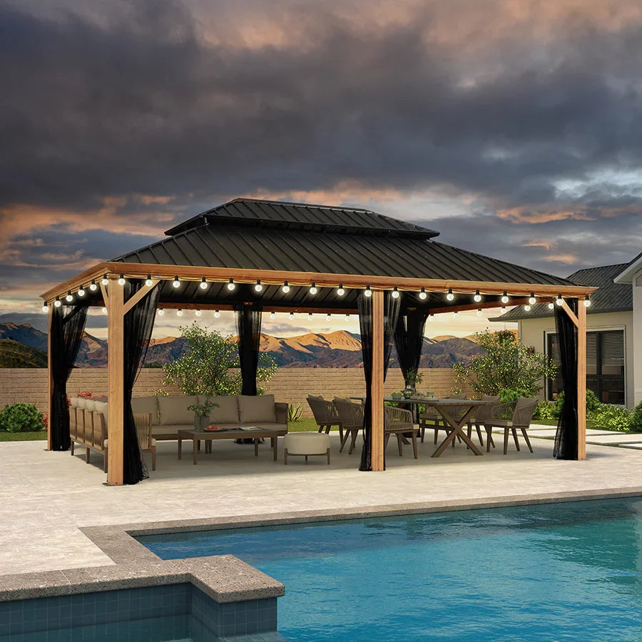 PURPLE LEAF – Pavillon à toit rigide pour terrasse, structure en aluminium effet bois avec guirlande lumineuse – clear