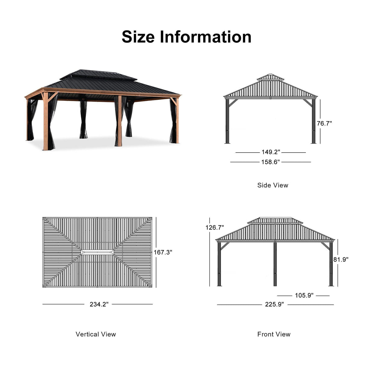 PURPLE LEAF Hardtop Gazebo for Patio Wood Grain Aluminum Frame Awning with String Lights-milky