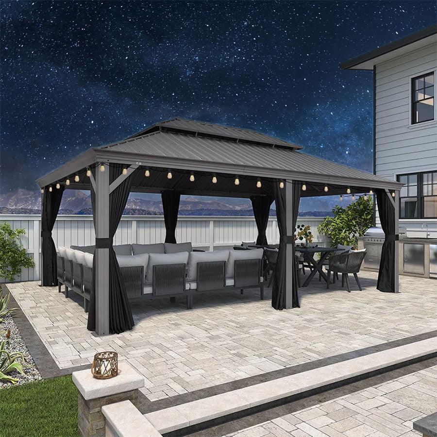 PURPLE LEAF Patio Gazebo for Pool Light Grey Hardtop Galvanized Steel Roof with String Lights-clear