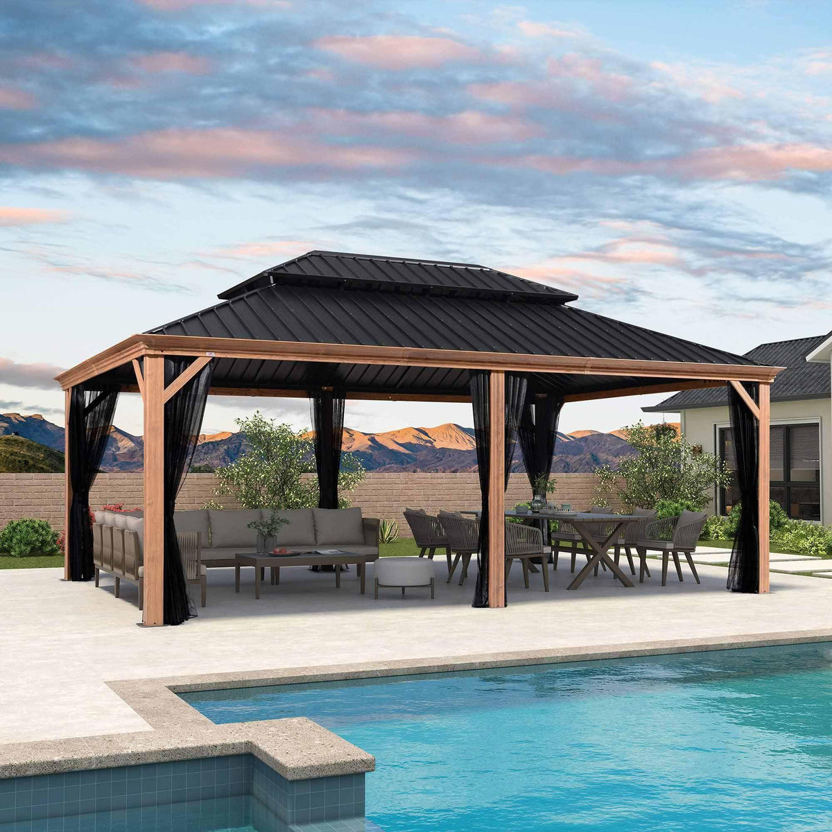 PURPLE LEAF Hardtop Gazebo for Patio Wood Grain Aluminum Frame Awning with Netting