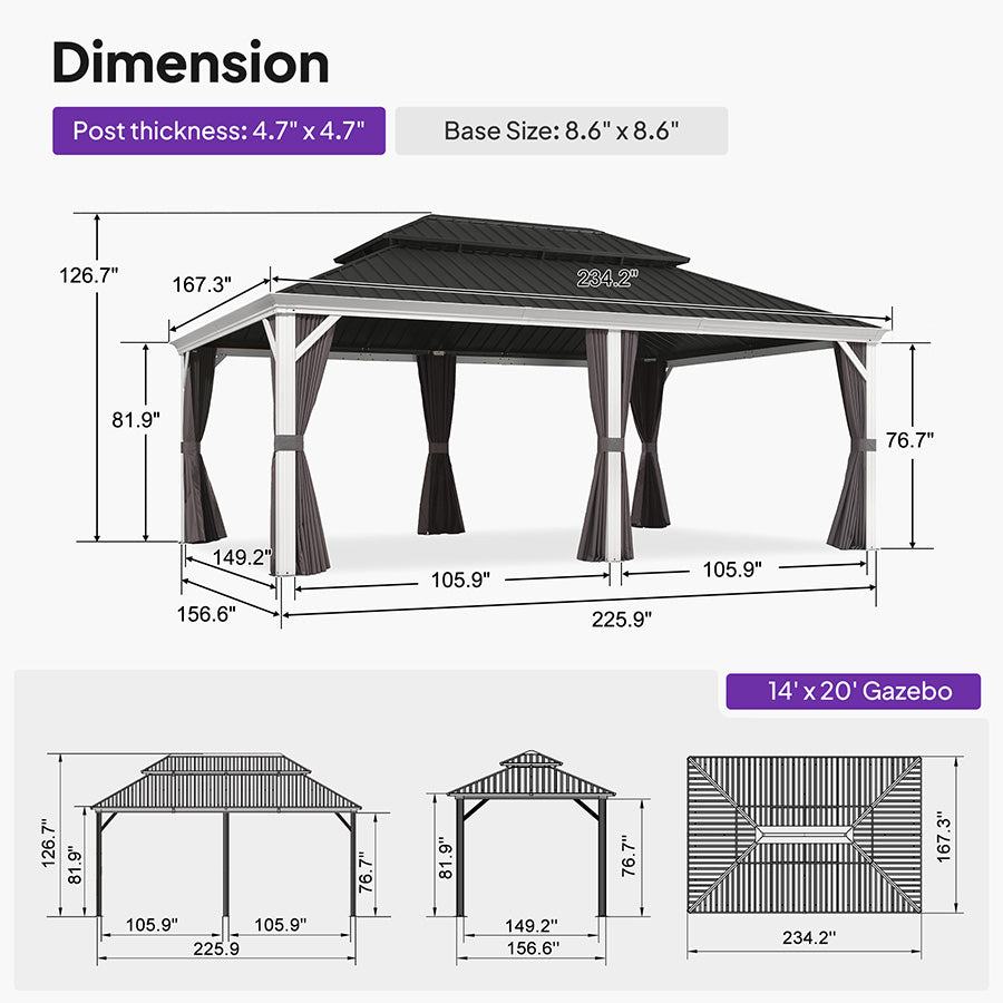 PURPLE LEAF White Gazebo for Modern Patio Double Galvanized Steel Roof Awning and Upgrade Curtain with Lights-clear