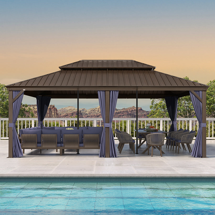 PURPLE LEAF Outdoor Hardtop Gazebo for Patio Bronze Aluminum Frame Pavilion with Navy-Blue Curtain and Reinforced Support Rods