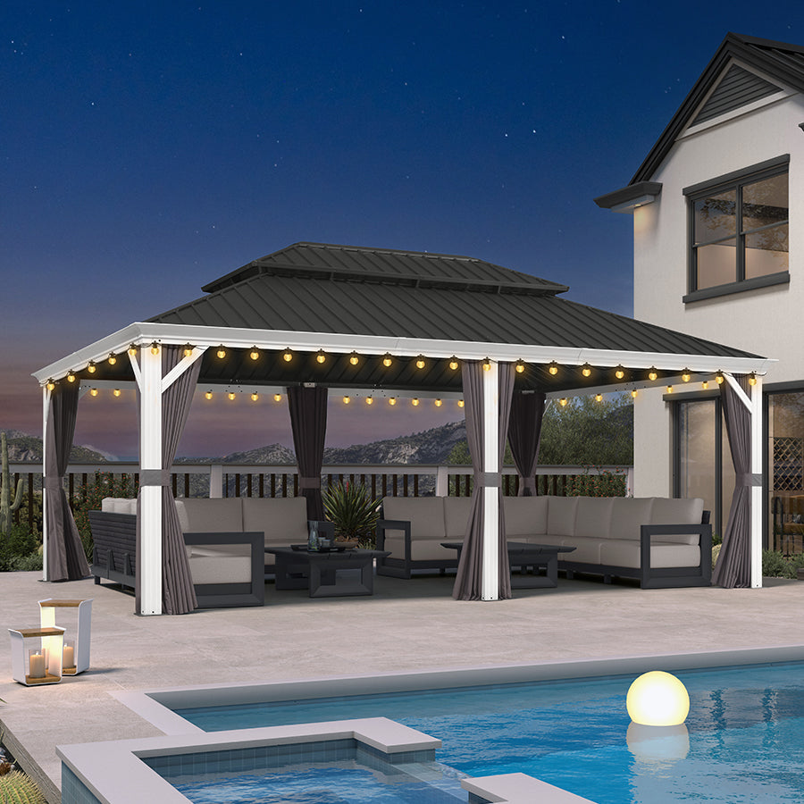 PURPLE LEAF White Gazebo for Modern Patio Double Galvanized Steel Roof Awning and Upgrade Curtain with Lights-clear