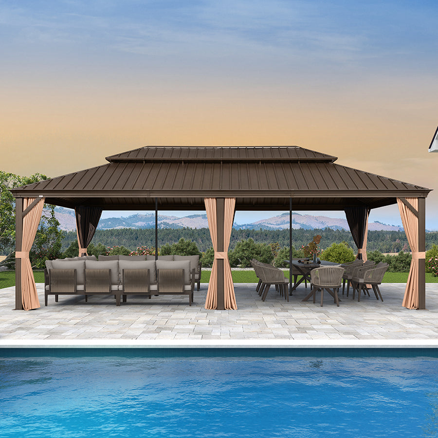 PURPLE LEAF Outdoor Hardtop Gazebo for Garden Bronze Double Roof Aluminum Frame Pavilion with Reinforcement Support Rod