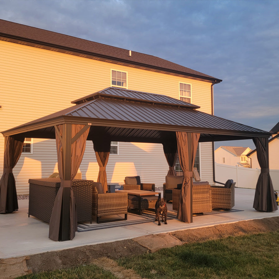 PURPLE LEAF Patio Gazebo for Backyard Grey Hardtop Galvanized Steel Roof Awning String Lights-milky