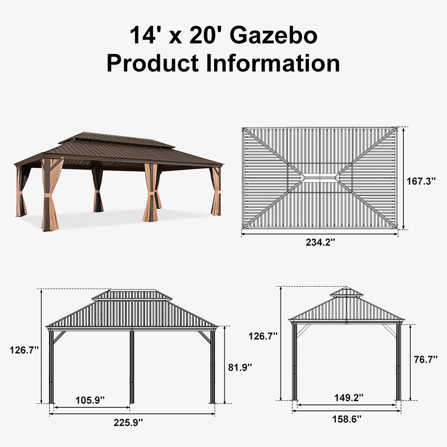 PURPLE LEAF Outdoor Hardtop Gazebo for Garden Bronze Double Roof Aluminum Frame Pavilion with Reinforcement Support Rod