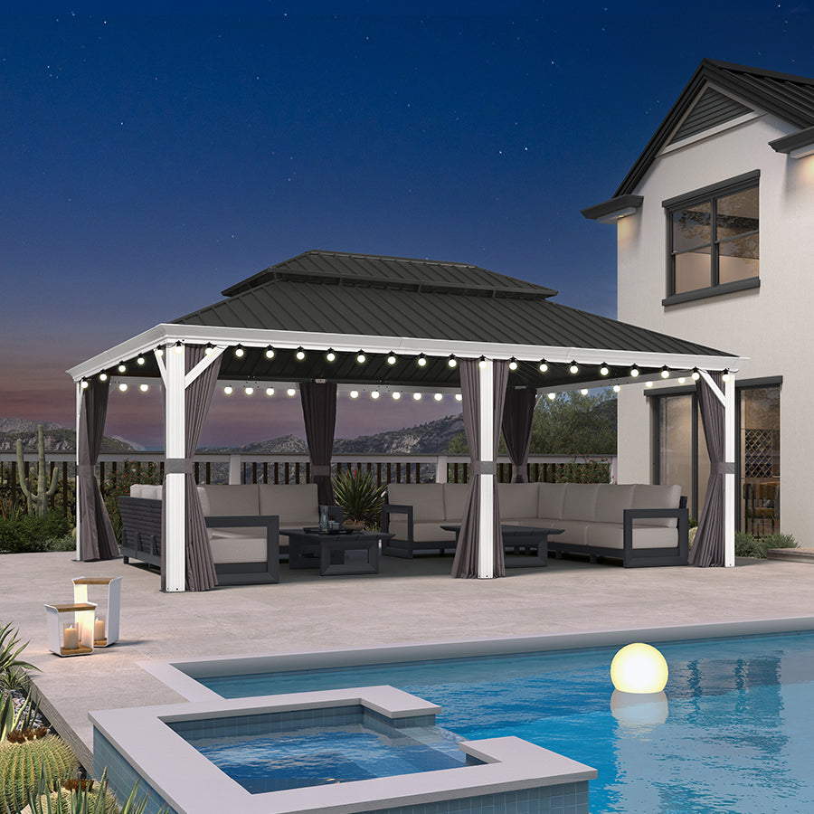 PURPLE LEAF White Gazebo for Modern Patio Double Galvanized Steel Roof Awning and Upgrade Curtain with Lights-milky