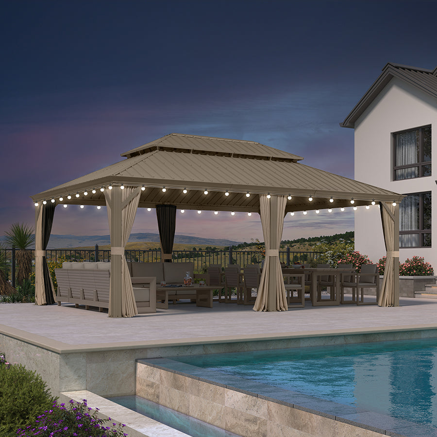 PURPLE LEAF Backyard Gazebo Champagne Hardtop Galvanized Steel Roof Awning and Upgrade Curtain with Lights-milky