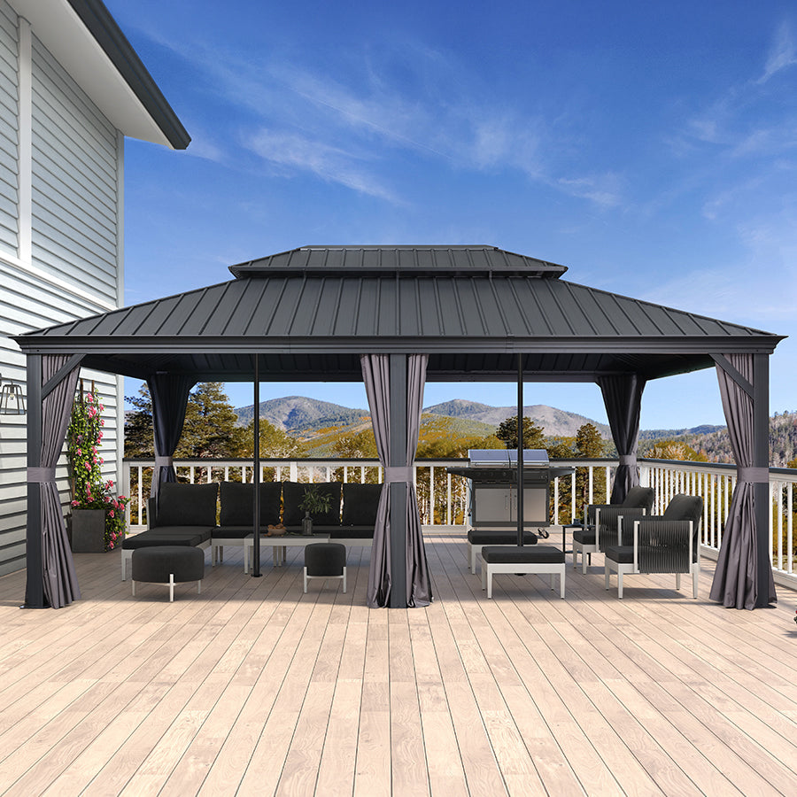 PURPLE LEAF Patio Gazebo for Backyard Grey Hardtop Galvanized Steel Roof Awning with Reinforcement Support Rod