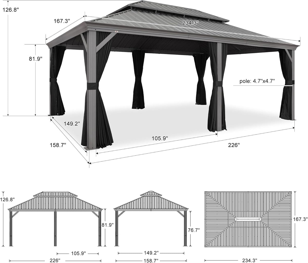 PURPLE LEAF Patio Gazebo for Pool Light Grey Hardtop Galvanized Steel Roof with Reinforcement Support Rod