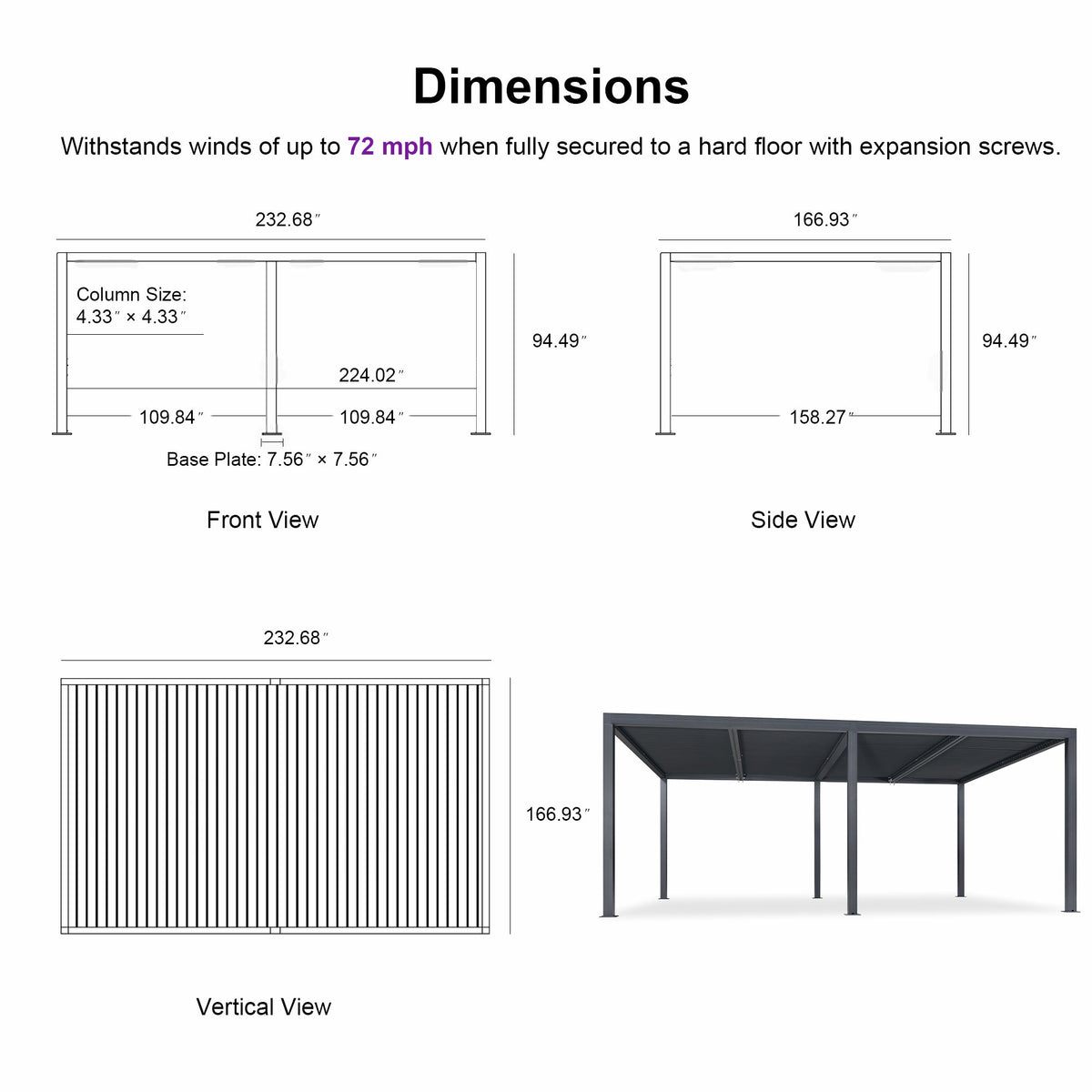 PURPLE LEAF Athena Louvered Pergola Grey Outdoor Aluminum Pergola with Shutter Wall Adjustable Gazebo Rainproof for Patio Deck Garden