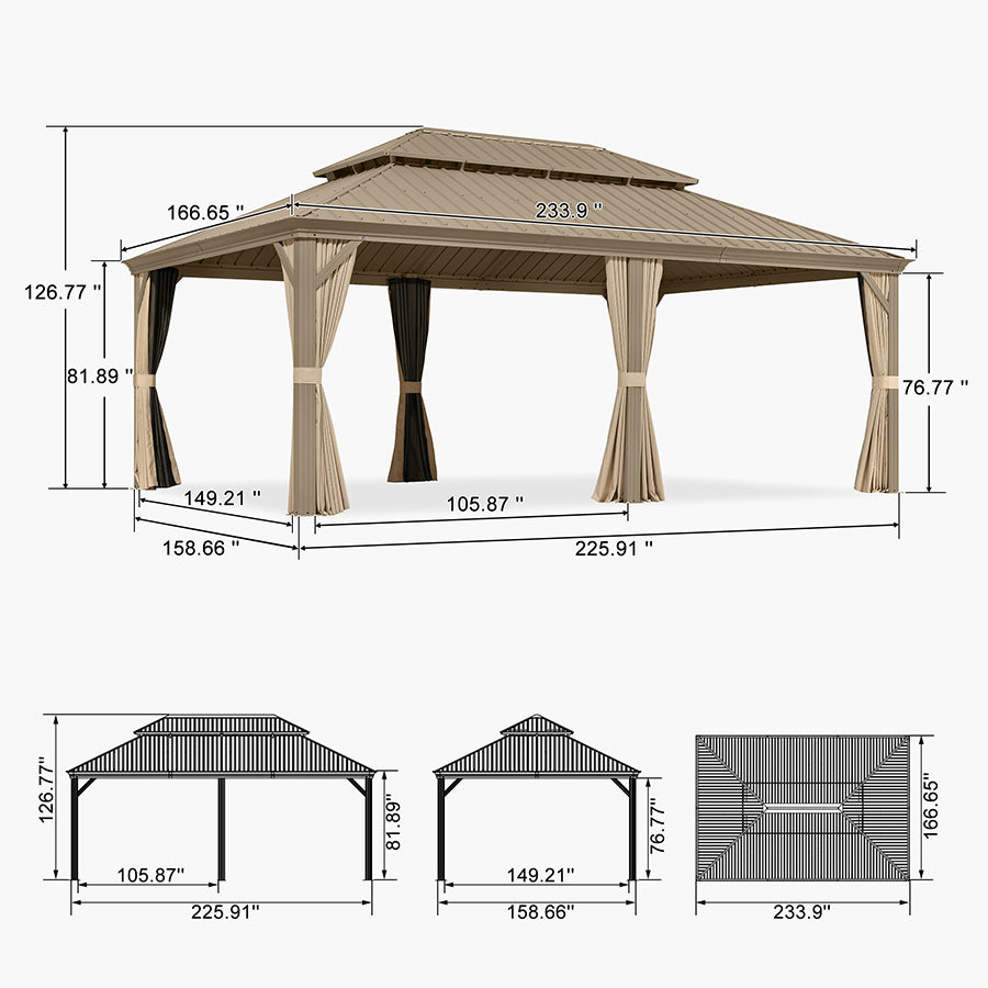PURPLE LEAF Backyard Gazebo Champagne Hardtop Galvanized Steel Roof Awning and Upgrade Curtain with Lights-clear