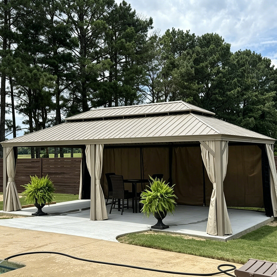 PURPLE LEAF Backyard Gazebo Champagne Hardtop Galvanized Steel Roof Awning and Upgrade Curtain with Lights-clear
