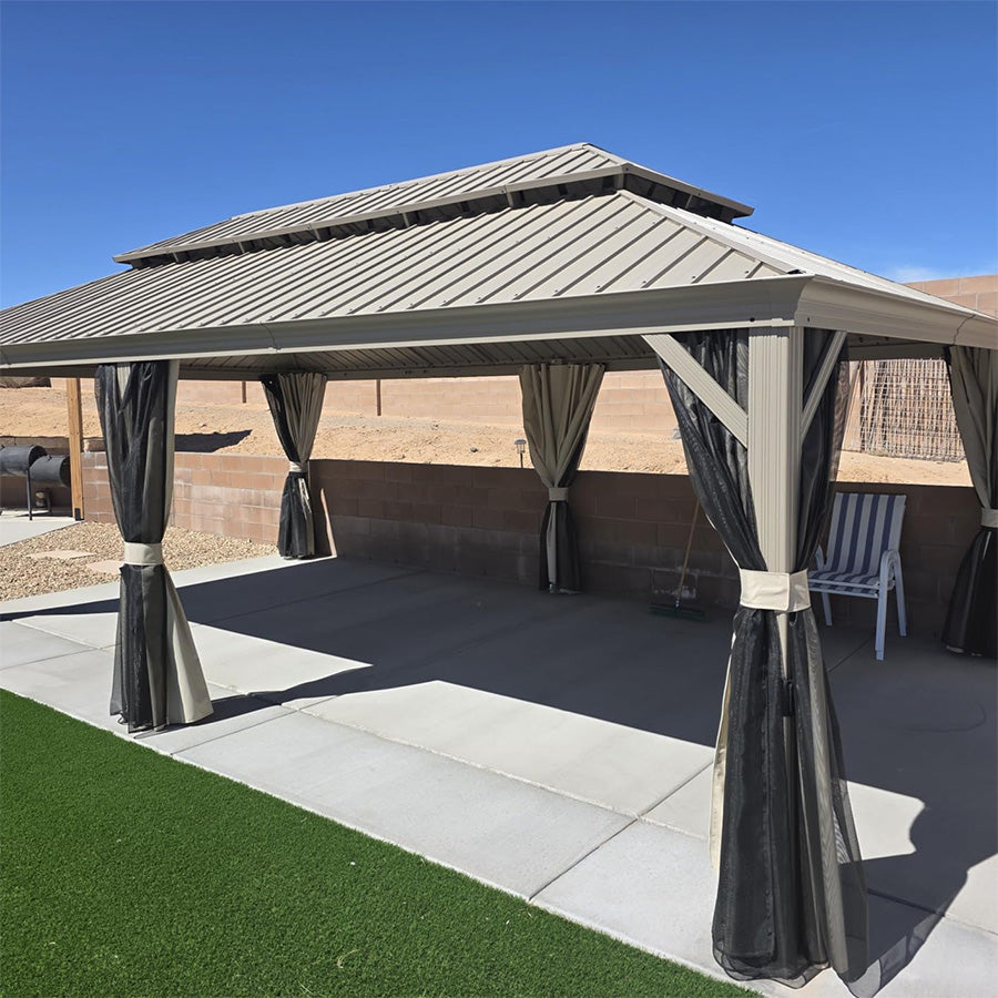 PURPLE LEAF Backyard Gazebo Champagne Hardtop Galvanized Steel Roof Awning and Upgrade Curtain with Lights-clear