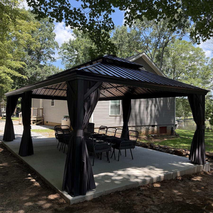 PURPLE LEAF Patio Gazebo for Backyard Grey Hardtop Galvanized Steel Roof Awning String Lights-milky