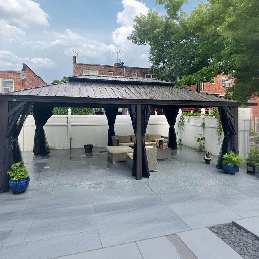 PURPLE LEAF Outdoor Hardtop Gazebo for Patio Bronze Aluminum Frame Pavilion with Navy-Blue Curtain and Reinforced Support Rods