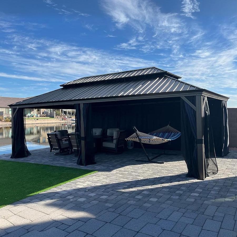 PURPLE LEAF Outdoor Hardtop Gazebo for Patio Bronze Aluminum Frame Pavilion with Navy-Blue Curtain