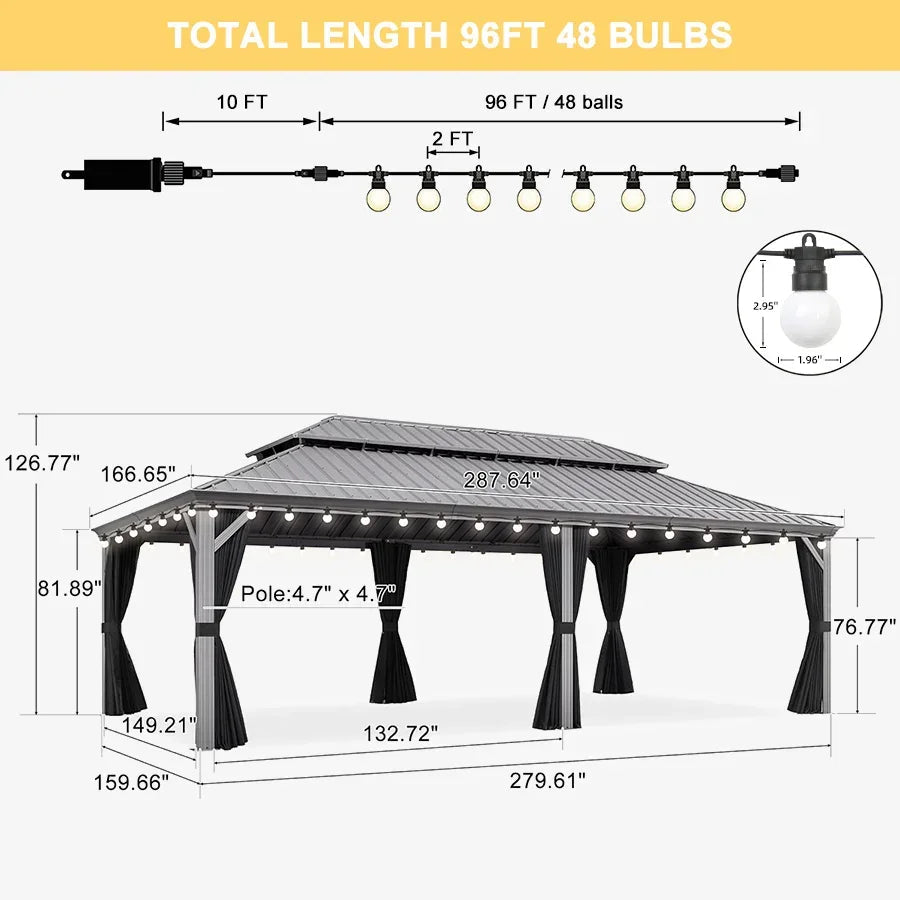 PURPLE LEAF Patio Gazebo for Pool Light Grey Hardtop Galvanized Steel Roof with String Lights-milky