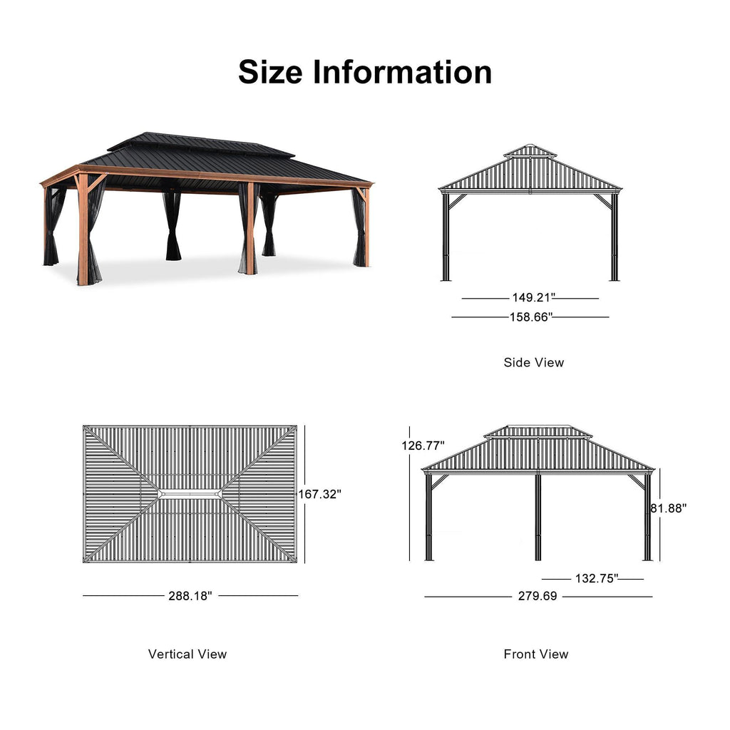 PURPLE LEAF Hardtop Gazebo for Patio Wood Grain Aluminum Frame Awning with String Lights-milky