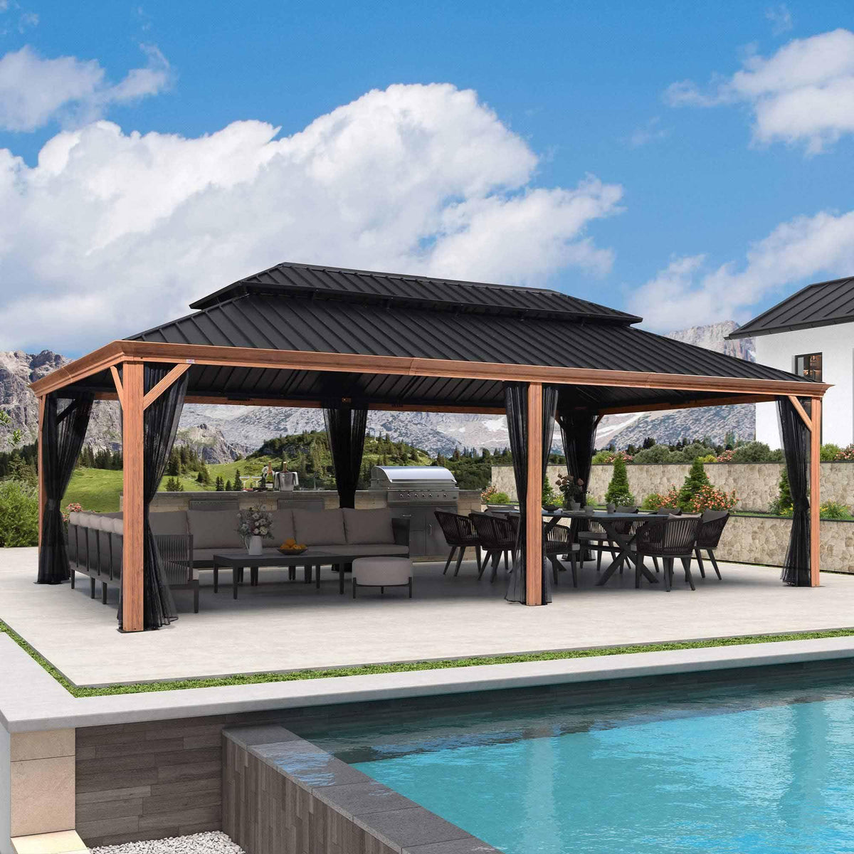 PURPLE LEAF Hardtop Gazebo for Patio Wood Grain Aluminum Frame Awning with Netting