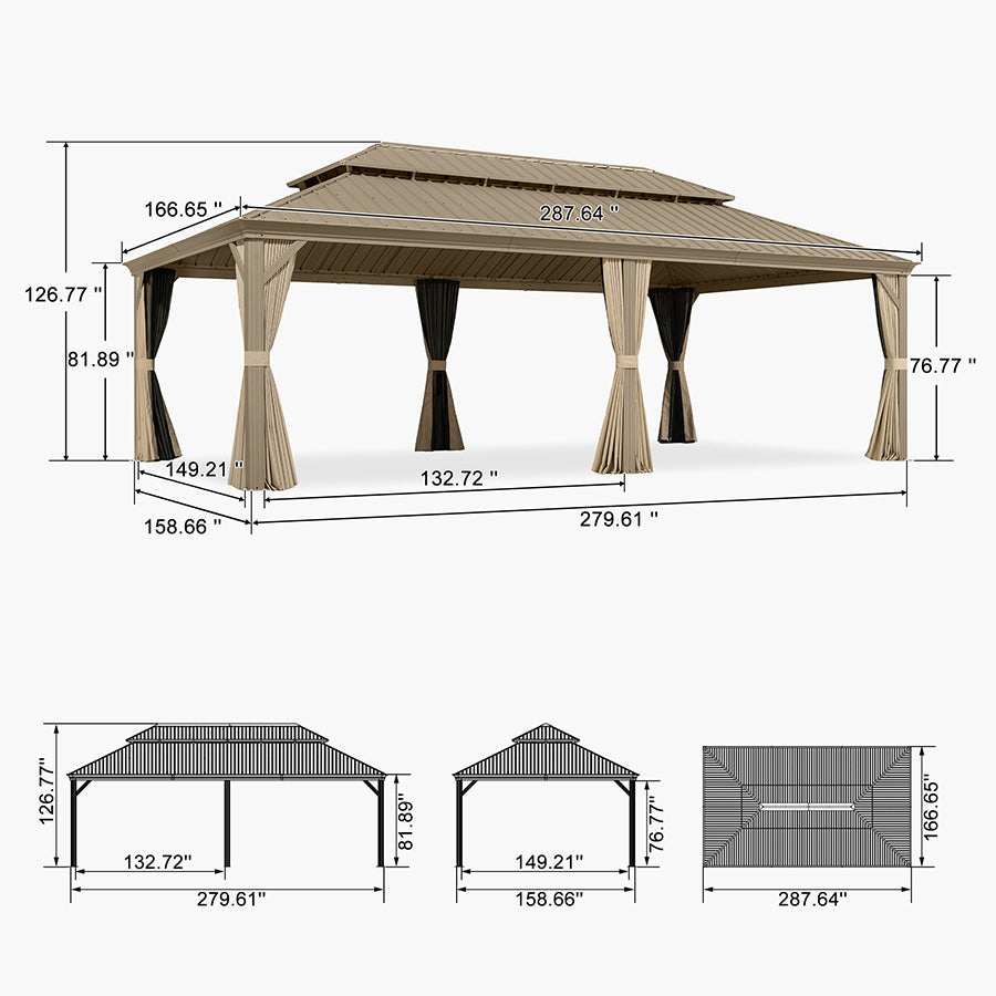 PURPLE LEAF Backyard Gazebo Champagne Hardtop Galvanized Steel Roof Awning and Upgrade Curtain with Lights-clear