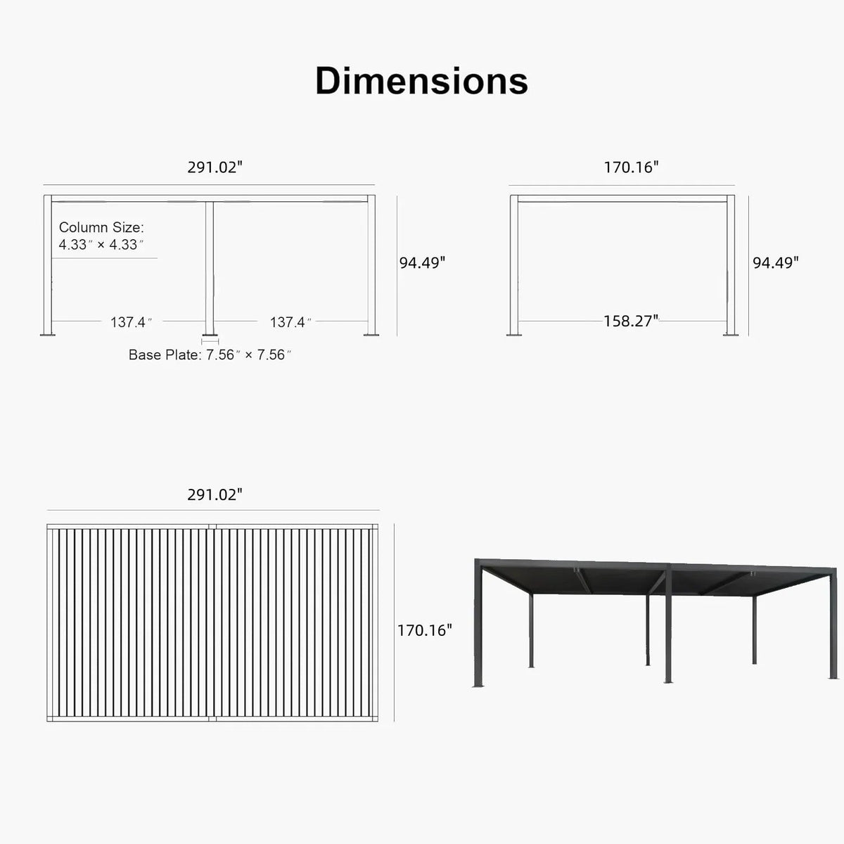 PURPLE LEAF Athena Louvered Pergola Grey Outdoor Aluminum Pergola with Solid Color Roller Blind Adjustable Gazebo for Patio Deck Garden