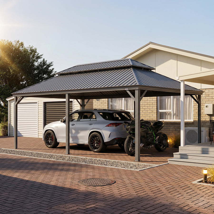 PURPLE LEAF Light Grey Metal Carport with Galvanized Steel Roof Heavy Duty Permanent Outdoor Car Shelter
